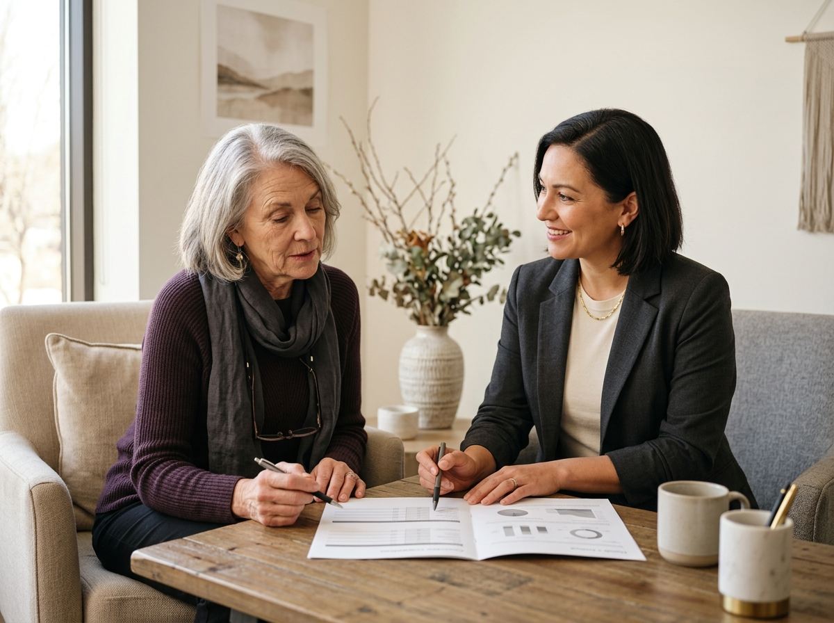 Older adult woman thoughtfully reviewing a simple coverage comparison sheet with a friendly advisor in a bright modern office