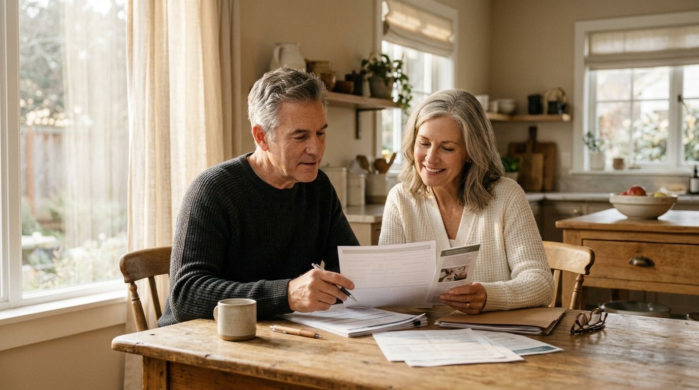 American couple in their early 60s thoughtfully reviewing health coverage paperwork at a bright wooden kitchen table